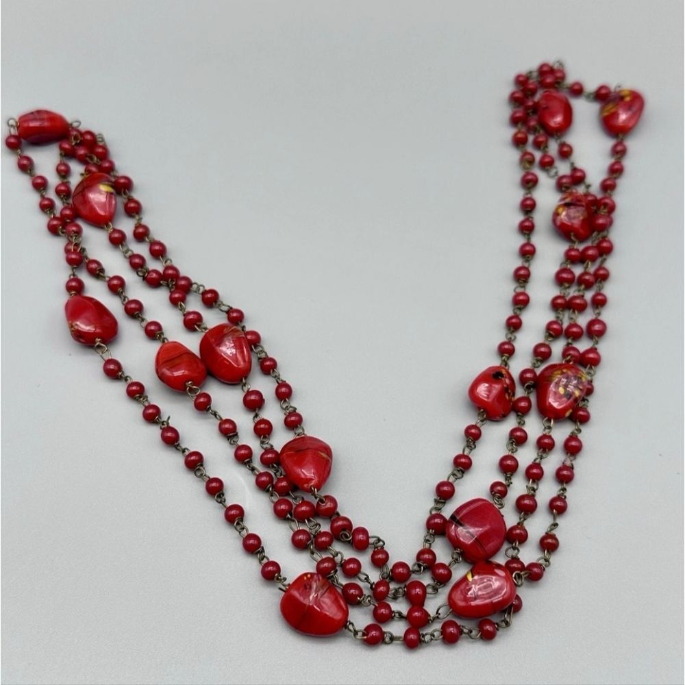 Vintage Gold Tone Red Murano? Glass Beaded Chain Necklace, 50" - Picture 2 of 5